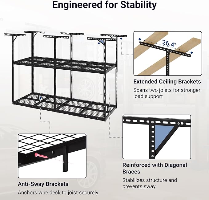 FLEXIMOUNTS 3x8 2-Tier Overhead Garage Storage Rack – Adjustable Heavy Duty - Image 6