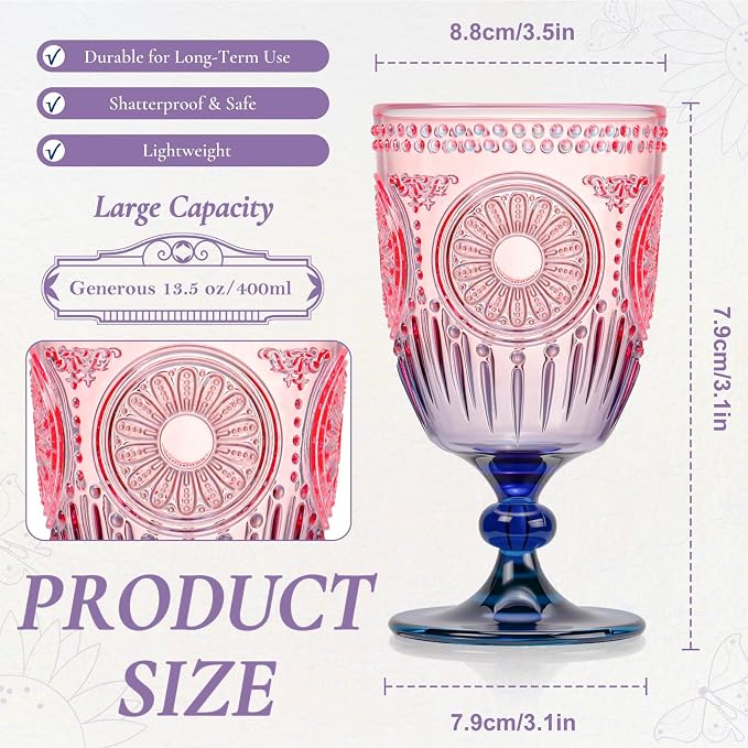 XUWAIDSGN 12Pcs Plastic Vintage Wine Glasses 13.5oz Reusable Embossed Goblet - Image 4