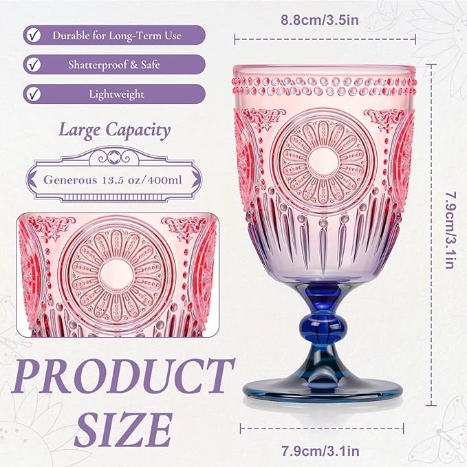 XUWAIDSGN 6Pcs Plastic Vintage Wine Glasses 13.5oz Reusable Embossed Goblet - Image 4