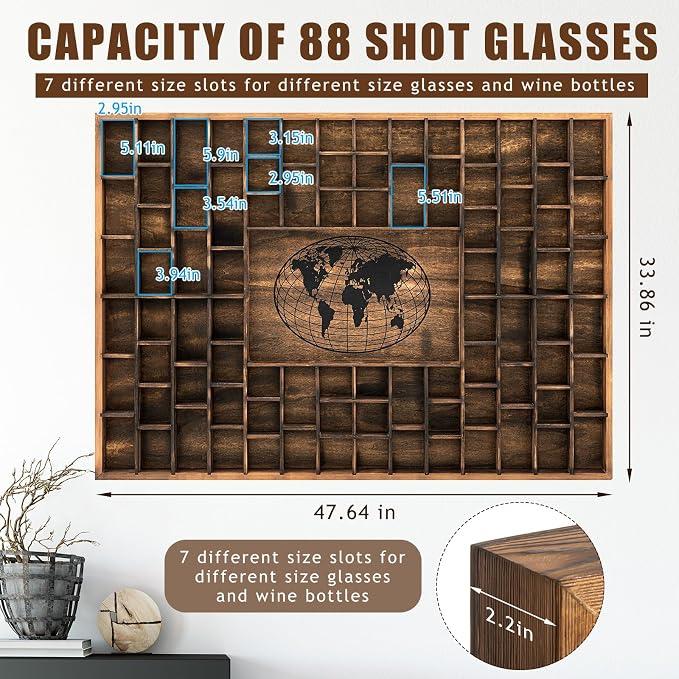GlikCeil 88 Slots 48 x 34'' Jumbo World Map Shot Glass Display Case Rustic Wood - Image 2