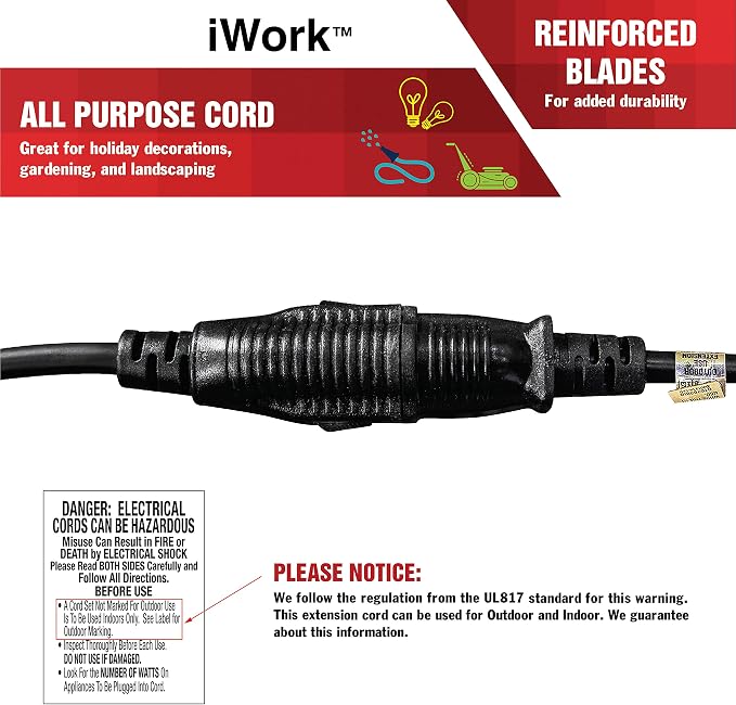 25 Ft Black Extension Cord 3 Prong, Weather-Resistant 16/3 SJTW, 1625 Watt - Image 3