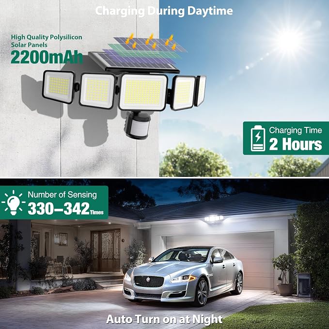 Solar Lights Outdoor 4000LM 236 LEDs Motion Sensor Outdoor Lights, 5 Heads - Image 3