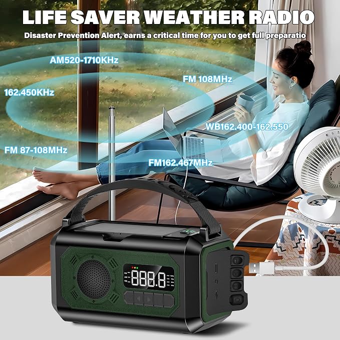 12000mAh Emergency Weather Radio, Hand Crank Solar Radio Portable AM/FM/NOAA - Image 4