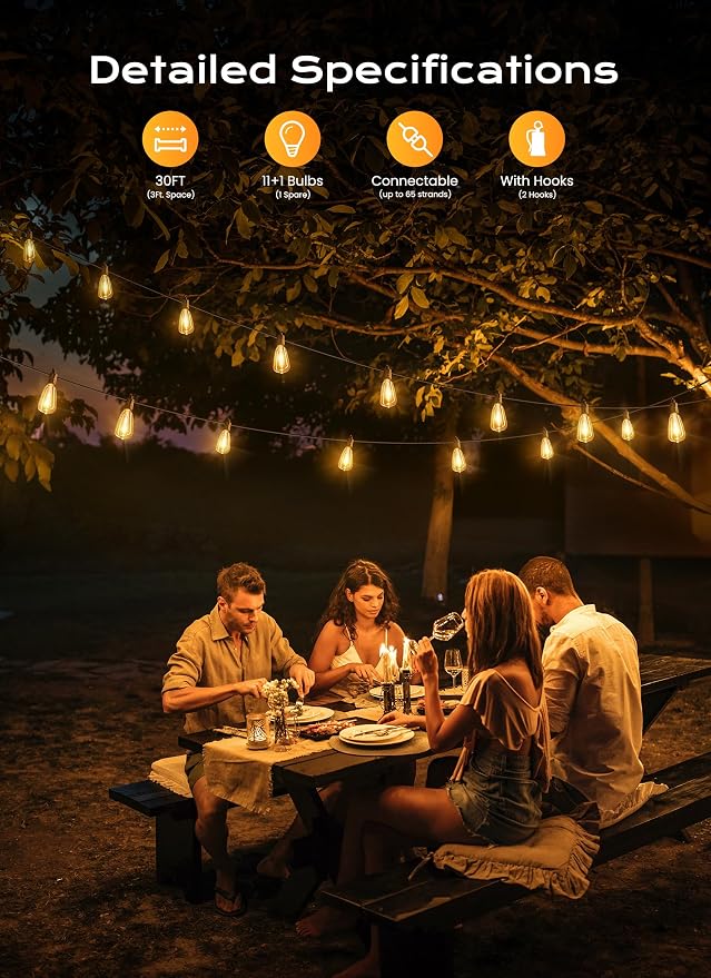 Brightown Outdoor String Lights, 30FT 11+1 LED ST38 LED Patio Lights - Image 2