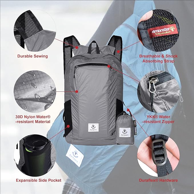 4Monster Hiking Daypack, Water Resistant Lightweight Packable Backpack - Image 2