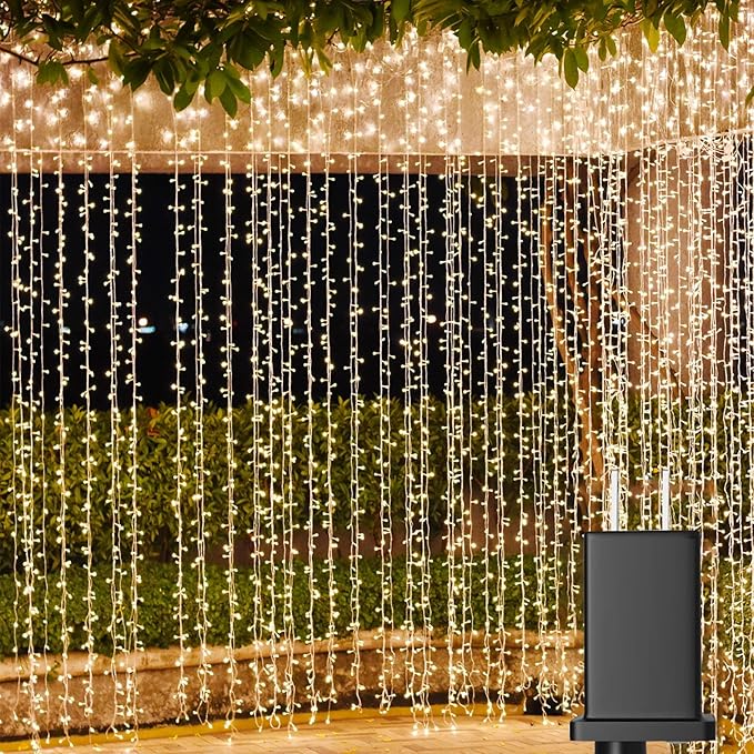 Solhice LED Curtain Lights Outdoor 20ft x10ft, 600 LED Plug in Hanging String by Solhice