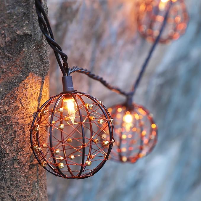 Outdoor Decorative Patio String Lights, Beaded Copper Wire Ball Style Lantern - Image 2
