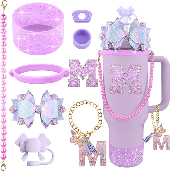 9PCS Purple for Stanley Cup Accessories Set Bling Initials Bow Charms for by Unknown