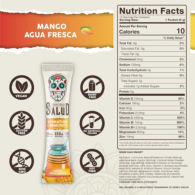 Salud 2-in-1 Hydration Packets + Immunity Electrolytes Powder, Mango - Image 3