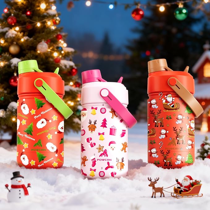 12 oz Christmas Kids Insulated Water Bottle: 2-in-1 Straw Spout Lid, Stainless - Image 7