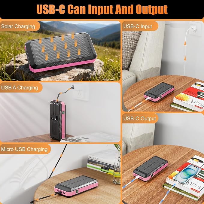 Solar Power Bank 33800mAh with Super Bright LED Flashlight, Built-in 4 Cables & - Image 4