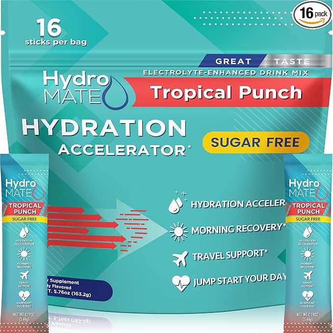 Electrolyte Powder Sugar-Free Hydration Packets Tropical Punch HydroMATE 16 by HydroMATE