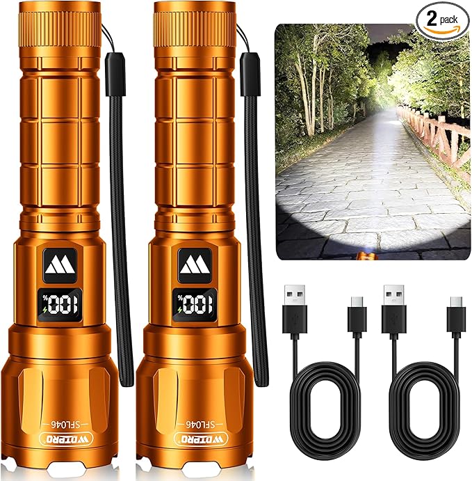 WdtPro LED Rechargeable Flashlight 2 Pack, Super Bright Zoomable 6000 Lumens by WdtPro