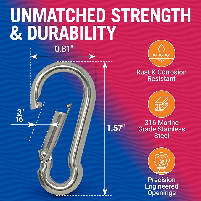 Stainless Steel Carabiner Clip, 4 Pack, 316 Marine Grade, Heavy Duty Spring - Image 3