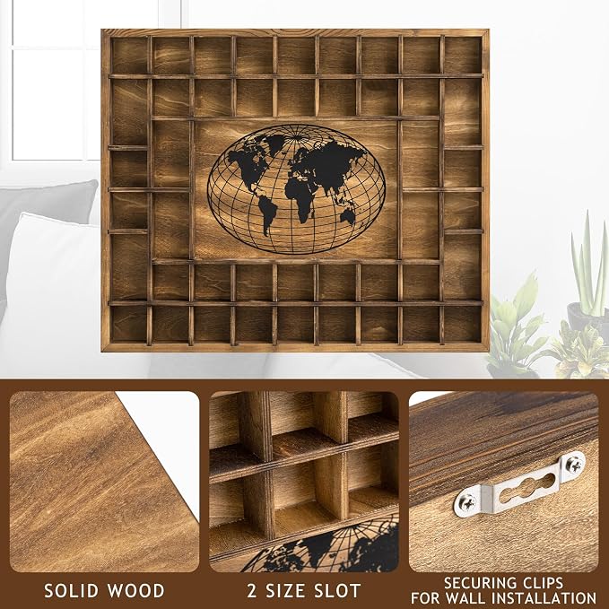 GlikCeil 44 Slots 28 x 23'' Medium World Map Shot Glass Display Case Rustic - Image 4
