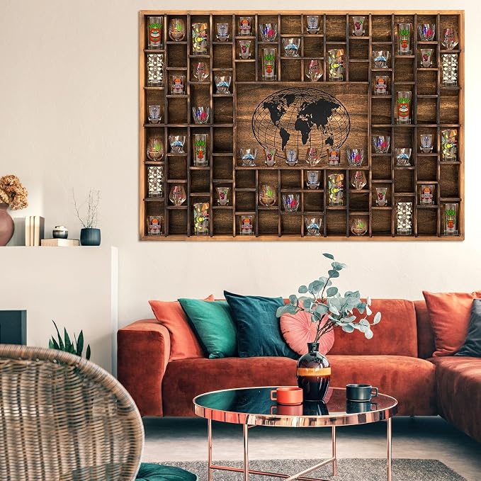GlikCeil 88 Slots 48 x 34'' Jumbo World Map Shot Glass Display Case Rustic Wood - Image 6