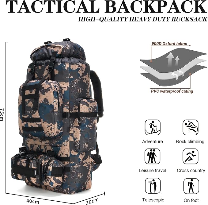 100L Camping Hiking Backpack, Molle military Tactical rucksack backpack - Image 5