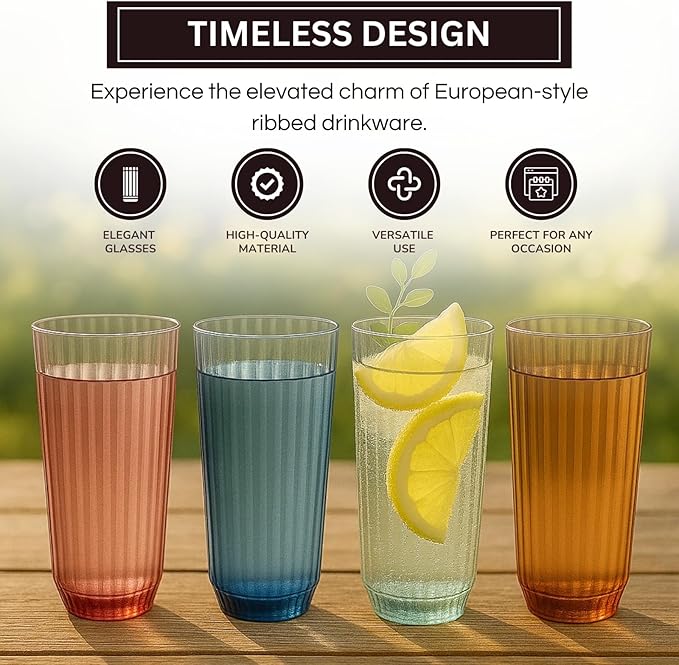 Khen Plastic Acrylic Ribbed Drinking Glasses – Set of 4 Multicolor 11.8oz - Image 5