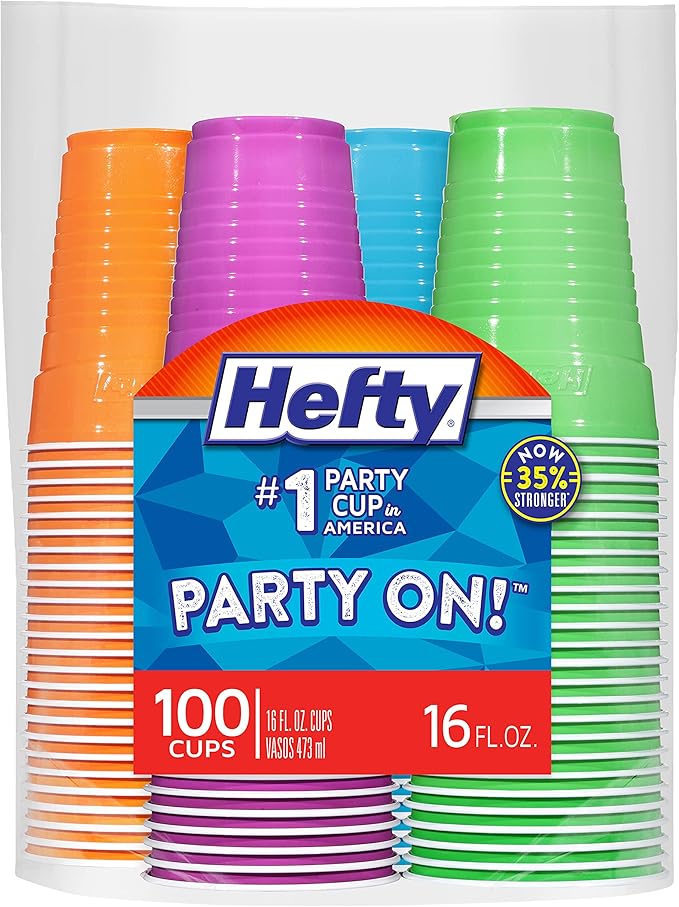 Hefty Party On Disposable Plastic Cups, 16 Ounce by Hefty