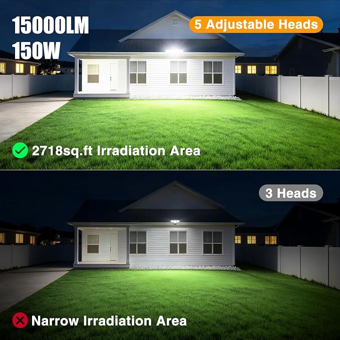 Onforu 150W 15000LM Dusk to Dawn Outdoor Lighting, 5 Heads Plug in Flood Lights - Image 4