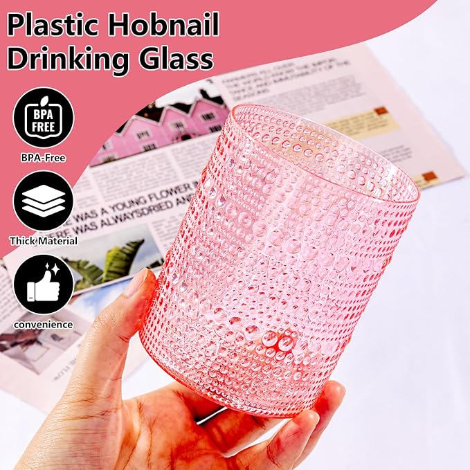 YOUBET 24PCS Plastic Drinking Glasses - 14OZ Pink Hobnail Drinkware Glasses - - Image 4