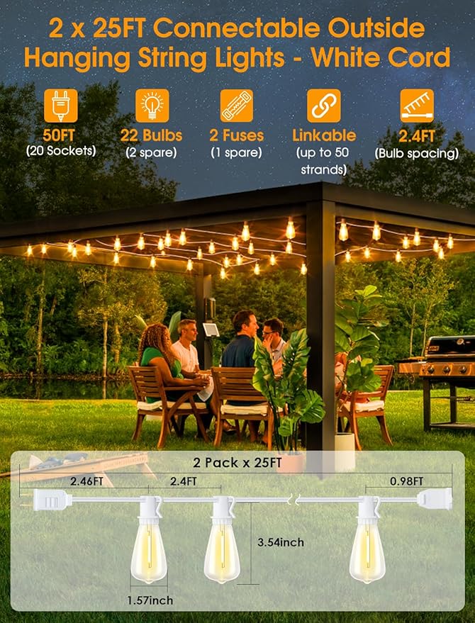 Larkvue 50FT Outdoor String Lights, Patio Lights - Image 2