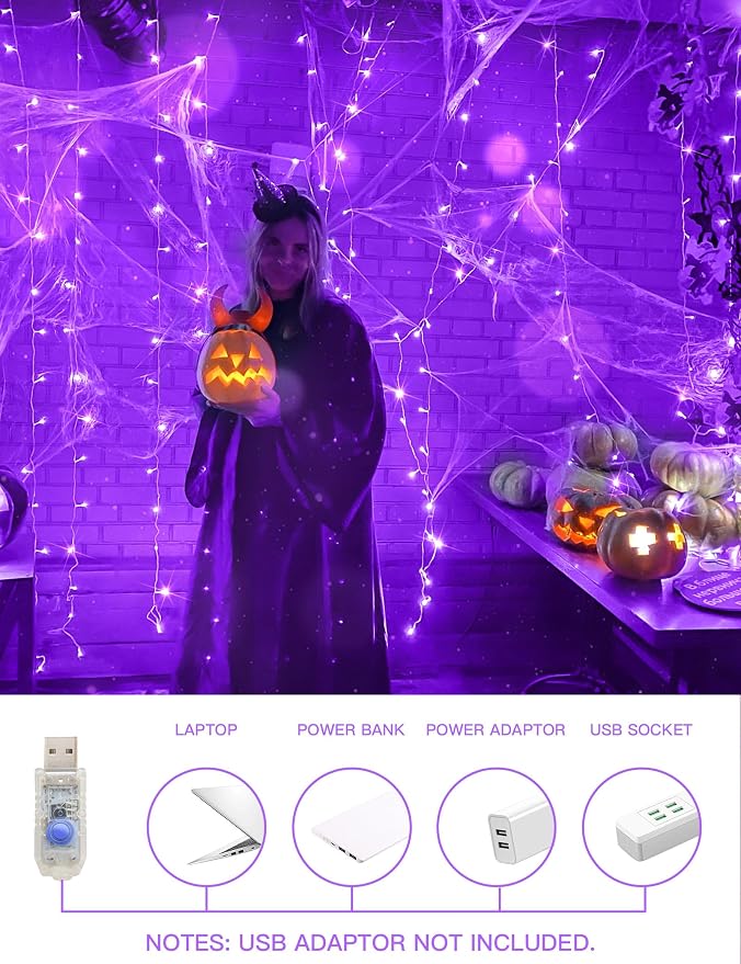 suddus Purple Curtain Lights for Halloween, 200 LED Hanging String Lights - Image 2