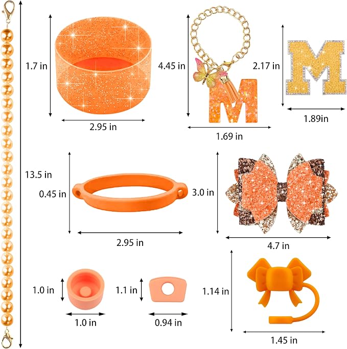 9PCS Orange for Stanley Cup Accessories Set Bling Initials Bow Charms for - Image 3