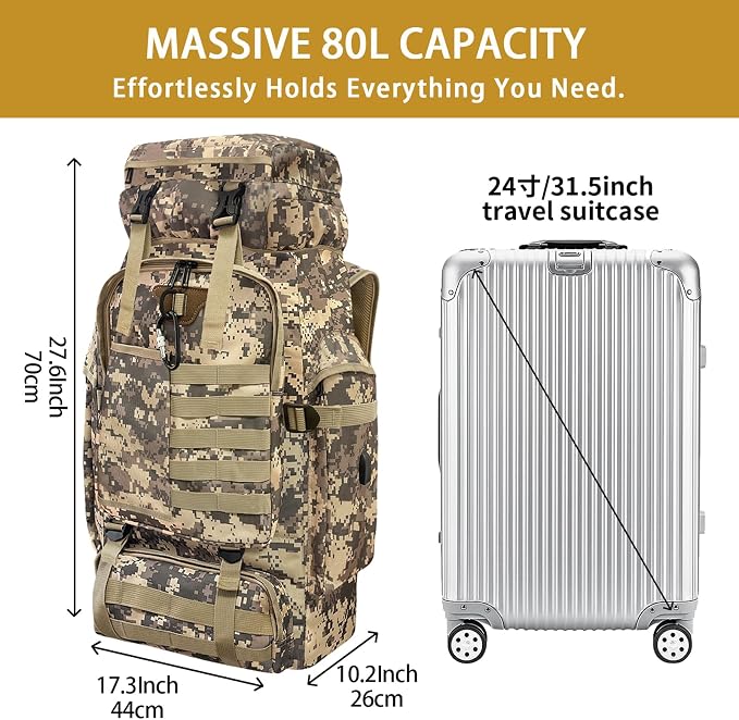 80L Camping Hiking Backpack, Large Military Tactical Backpack - Image 3