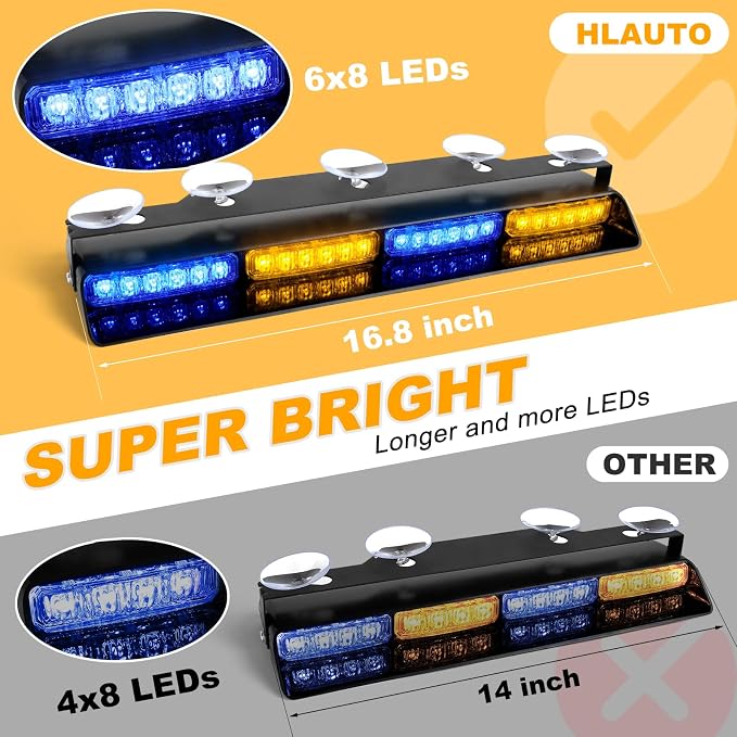 HLauto 6Z4J Emergency Dash Strobe Lights: 2x16.8 inch Blue Amber Safety Lights - Image 2