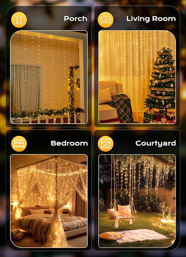Brightown 300 LED Fairy Curtain Lights, 9.8ft x 9.8ft Warm White Curtain String - Image 7
