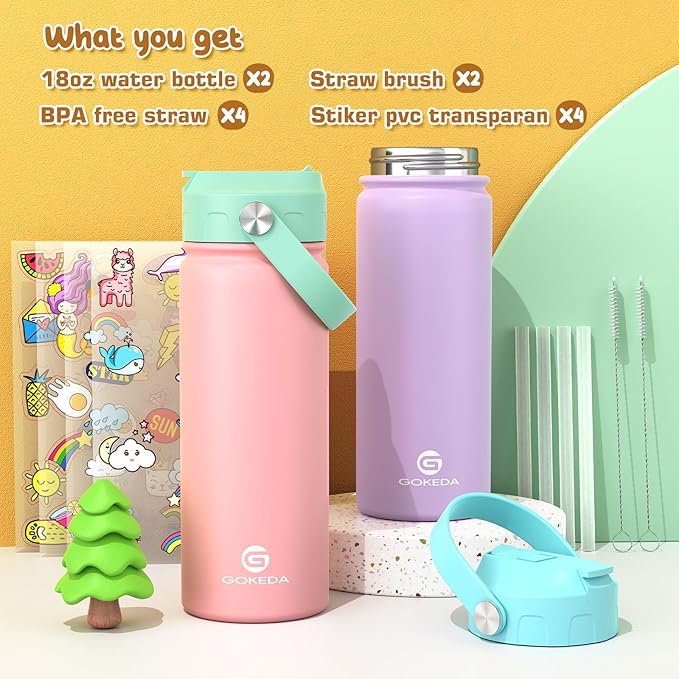 GoKEDA 18oz Kids Water Bottle, 2 Pack Insulated Bottles - Image 2