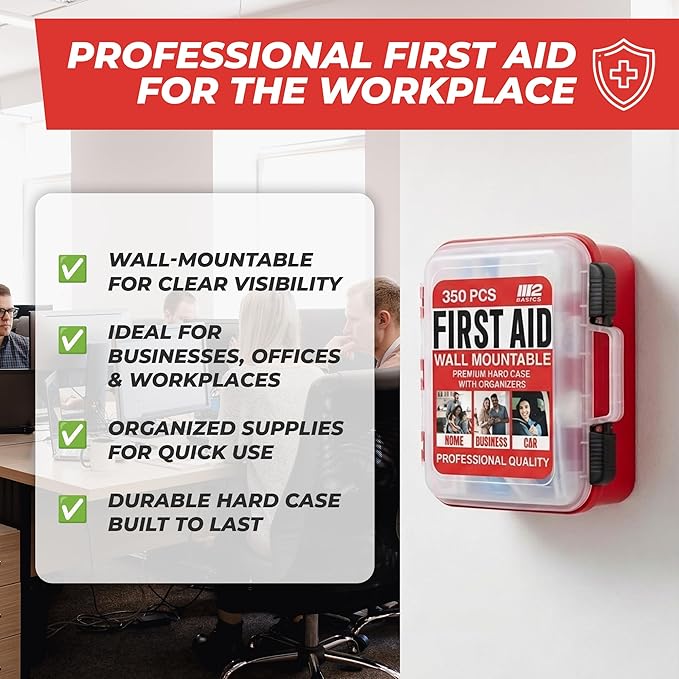 M2 BASICS Professional 350 Piece First Aid Kit, Wall Mountable Dual Layer Hard - Image 6