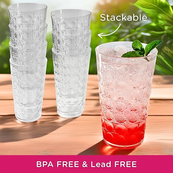Kate Aspen Clear Plastic Drinking Glasses Set of 8, 19 oz, Hobnail Bubble - Image 4