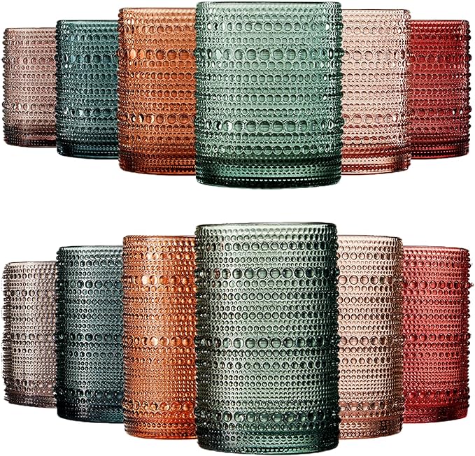 Khen Hobnail Beaded Highball Drinking Tumbler Glasses | Set of 12 | Color by Khen