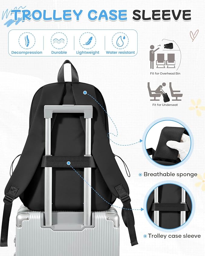 SEAFEW Black Backpack for School, High School Bookbag Back Pack for Teens Girls - Image 6