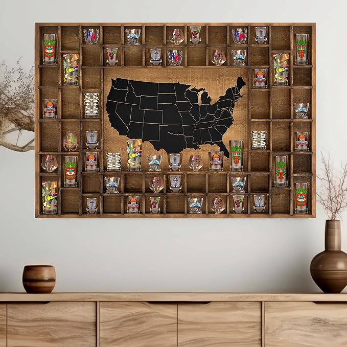 68 Slots 40 x 28'' Large World Map Shot Glass Display Case Rustic Wood Shot by GlikCeil