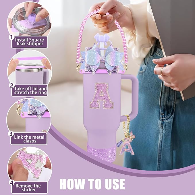 9PCS Purple for Stanley Cup Accessories Set Bling Initials Bow Charms for - Image 5