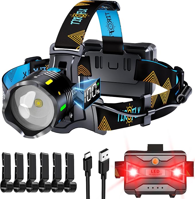 TIROFLX 12 Modes 210000 Lux Headlamp Motion Sensor Red Warning Zoomable Energy by TIROFLXBrand