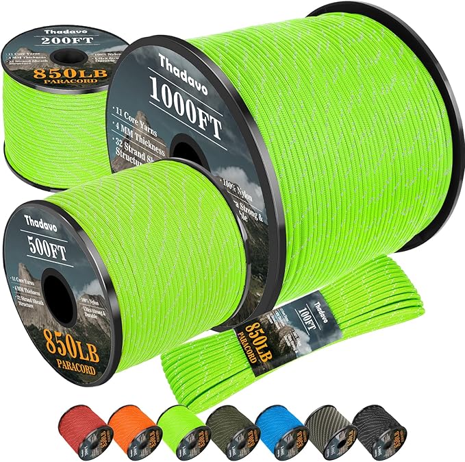 Reflective Paracord Rope 850Ib, 50/100/200/500/1000ft 4MM 11 Strand Parachute by Thadavo