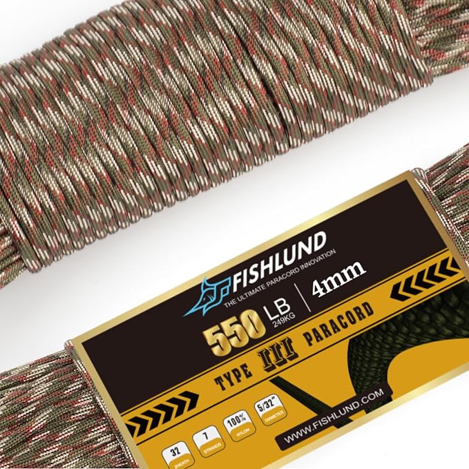 Paracord 550 lb, 7 Strand Paracord Rope 250ft 4mm, Nylon Parachute Cord by FISHLUND