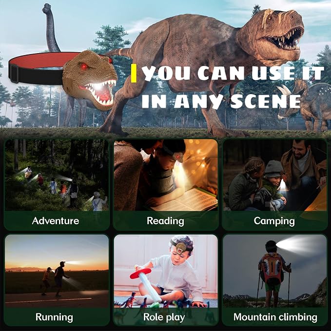 Dysaim Dinosaur Headlamp for Kids Head Lamp Outdoor Camping Essentials Gear - Image 3