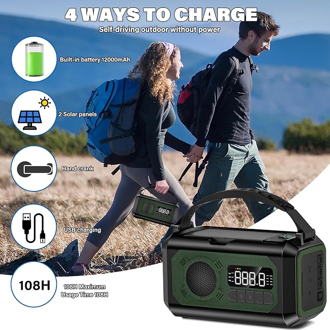 12000mAh Emergency Weather Radio, Hand Crank Solar Radio Portable AM/FM/NOAA - Image 5