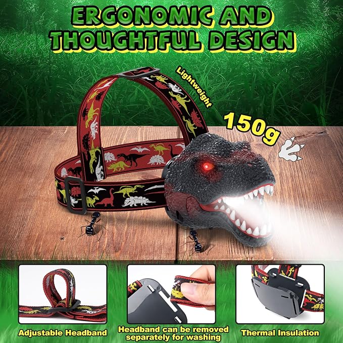 Nitigo Dinosaur Headlamp for Kids Flashlight Rechargeable Led Headlights Roar & - Image 8