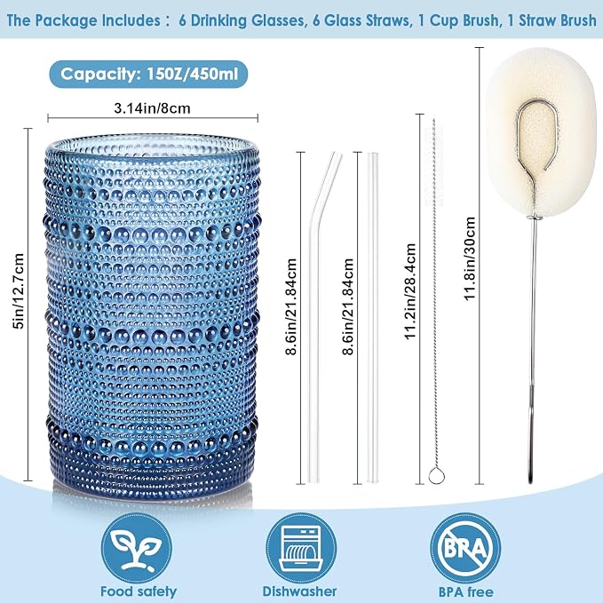 KMIGRUAN Large Hobnail Drinking Glasses Set of 6, 15oz Blue Vintage Glassware - Image 2