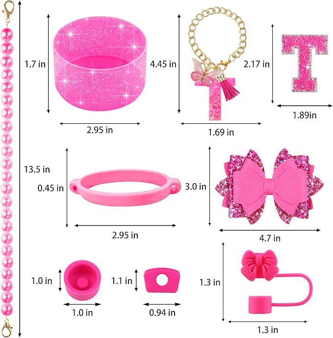9PCS Hot Pink for Stanley Cup Accessories Set Bling Initials Bow Charms for - Image 3