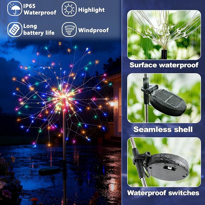 210 LED Solar Firework Lights, 8 Modes Solar Garden Lights Outdoor Waterproof - Image 3