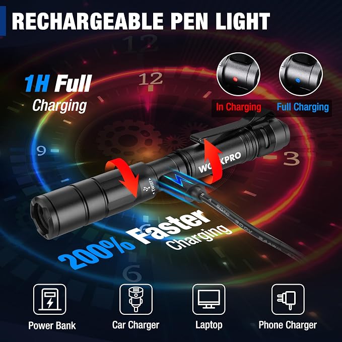 WORKPRO Rechargeable Pen Light, Mini Flashlight, 2 Pack Ultra-Compact EDC - Image 3