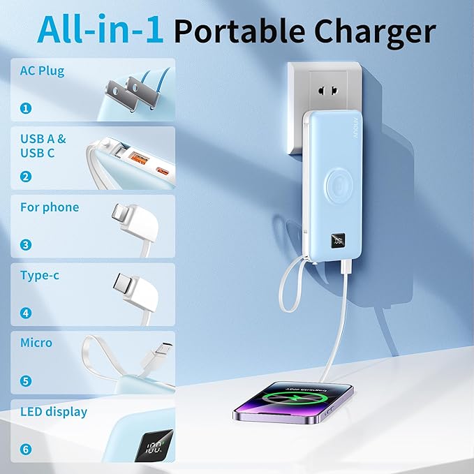 Portable Charger Built-in Cables, AC Wall Plug and Magnetic Wireless iWatch - Image 2