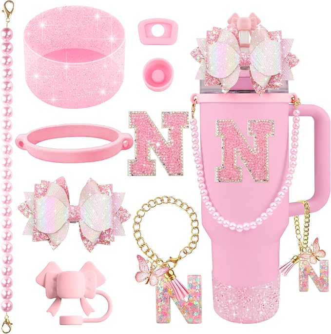 9PCS Pink for Stanley Cup Accessories Set Bling Initials Bow Charms for Stanley by Unknown
